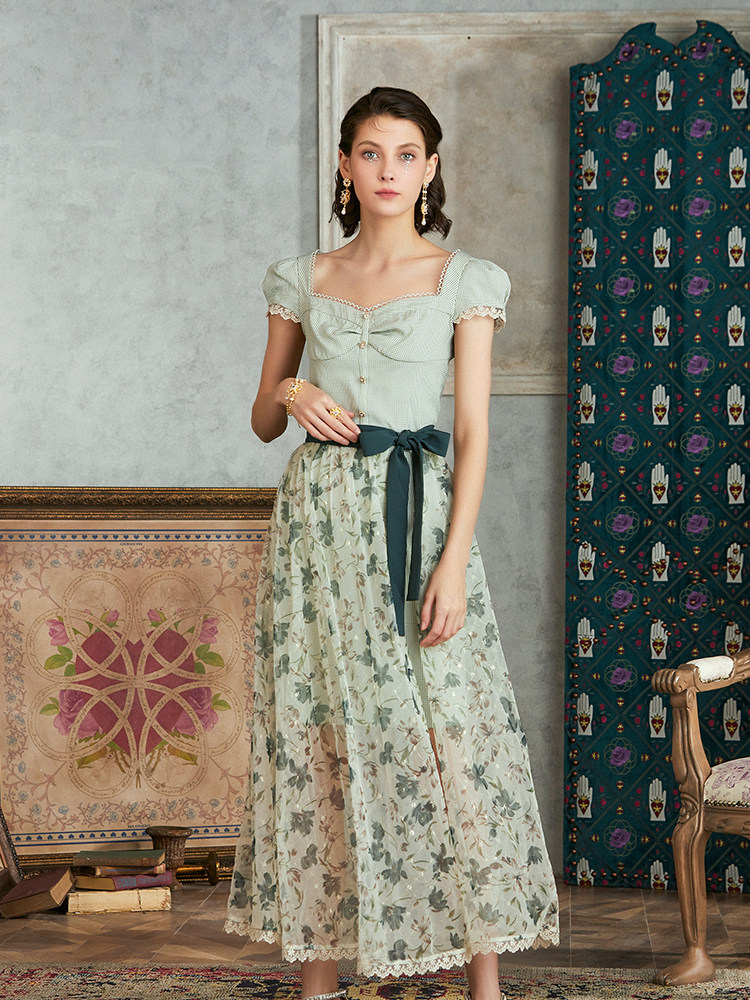 MAXRIENY 2020 summer new vintage floral dress women's two-piece mesh skirt short-sleeved super fairy long skirt