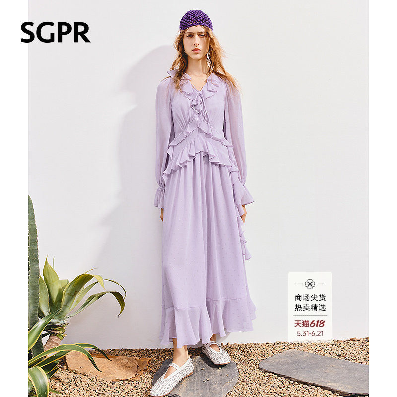 【SGPR】浪漫度假风连衣裙25秋款荷叶边v领收腰长裙