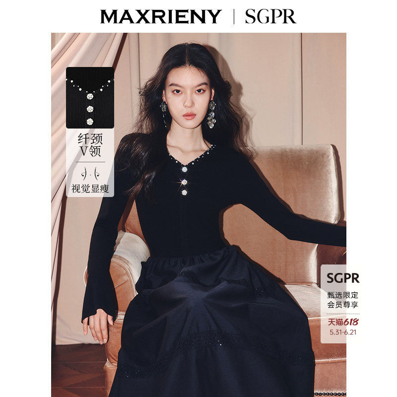【SGPR】法式复古v领连衣裙25秋款X型收腰长袖长裙宴会晚会小黑裙