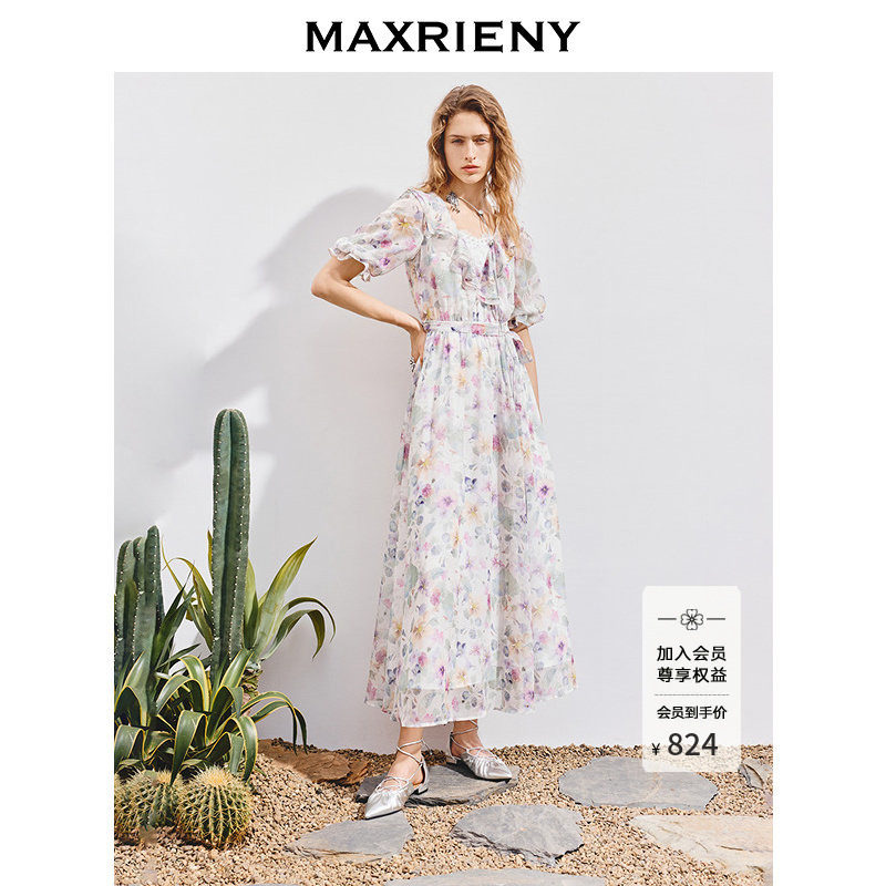 MAXRIENY肌理感雪纺连衣裙25夏款浪漫田园风超仙长裙茶歇裙气质感