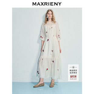 灯笼袖 MAXRIENY度假风气质醋酸连衣裙25秋款 收腰长裙 商场同款
