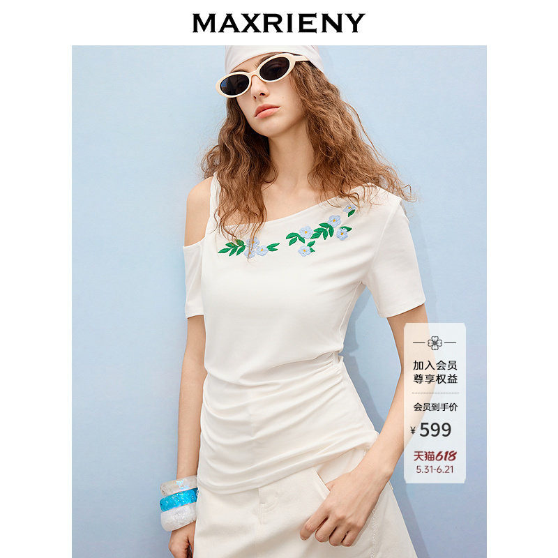MAXRIENY法式复古斜肩不对称短袖T恤26年夏季花卉刺绣露肩上衣