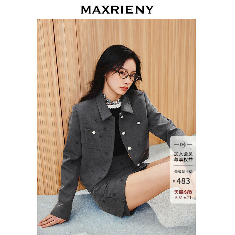 【SGPR】精致复古感绣花翻领短西装外套女浅春系穿搭
