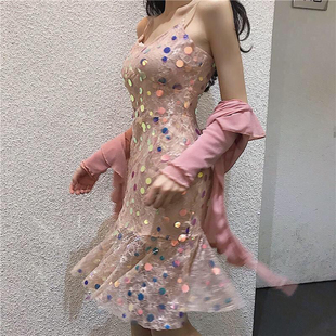 性感亮片吊带连衣裙两件套仙女裙子夏修身显瘦荷叶边鱼尾长裙套装