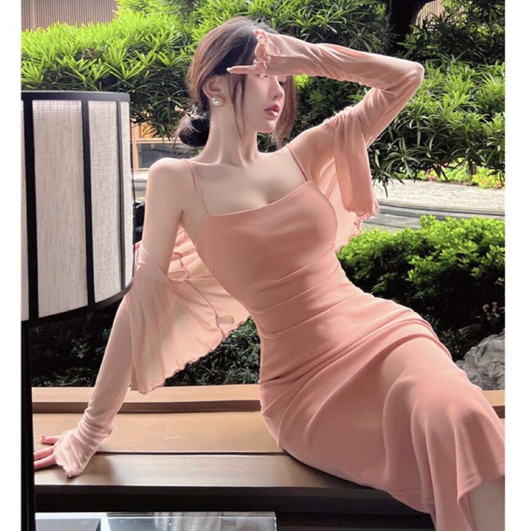 新款夏连衣裙性感吊带裙温柔两件套装开衫遮肉连衣裙显瘦包臀长裙