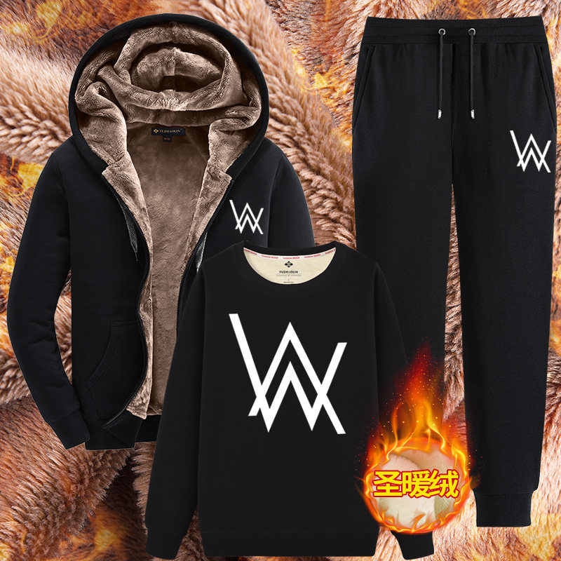 艾伦沃克卫衣男冬季三件套韩版潮流加绒加厚大码宽松男士保暖套装