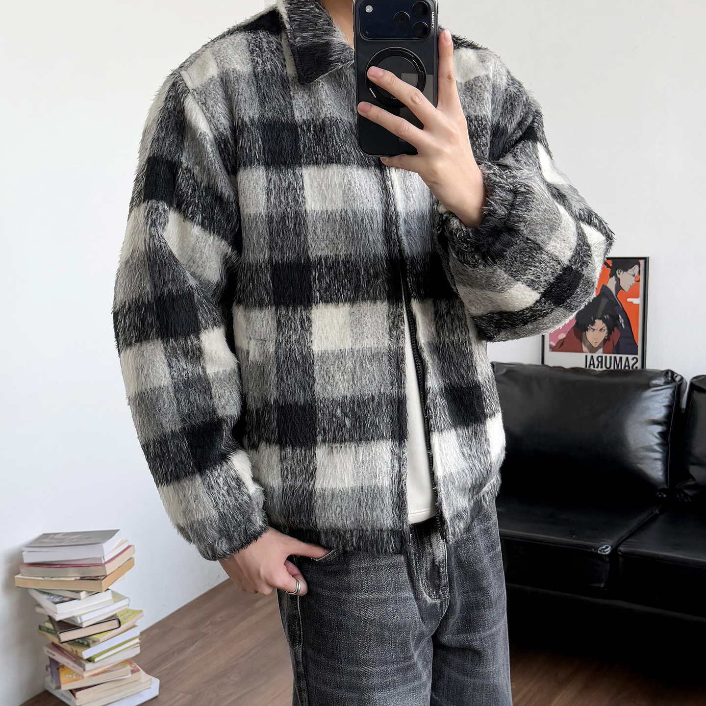 24LINE复古格纹毛呢棉服外套