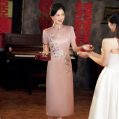 复古刺绣旗袍中长款 订婚婚礼妈妈婆婆旗袍礼服显瘦滴水领优雅旗袍