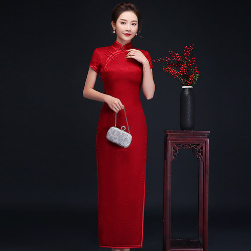 复古真丝旗袍红色长款婚会妈妈装