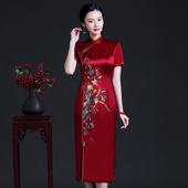 妈妈婚礼服醋酸缎绣花加厚旗袍喜婆婆婚宴礼服修身 显瘦优雅旗袍裙