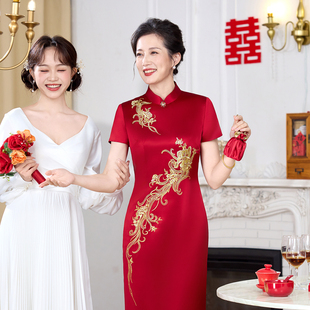 2026新款醋酸缎刺绣旗袍喜妈妈婚礼喜婆婆婚宴改良旗袍裙短袖礼服