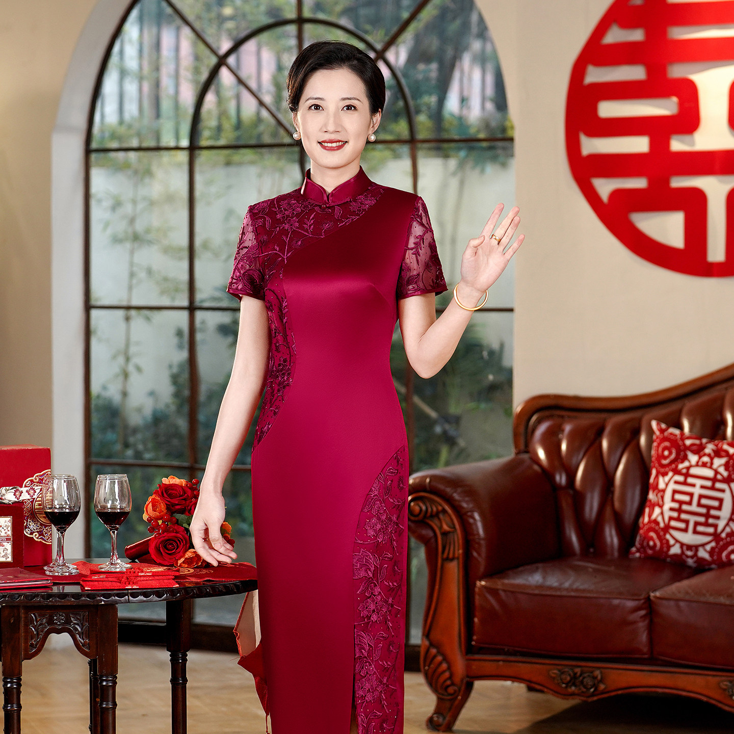 酒红色旗袍妈妈婆婆婚礼旗袍礼服