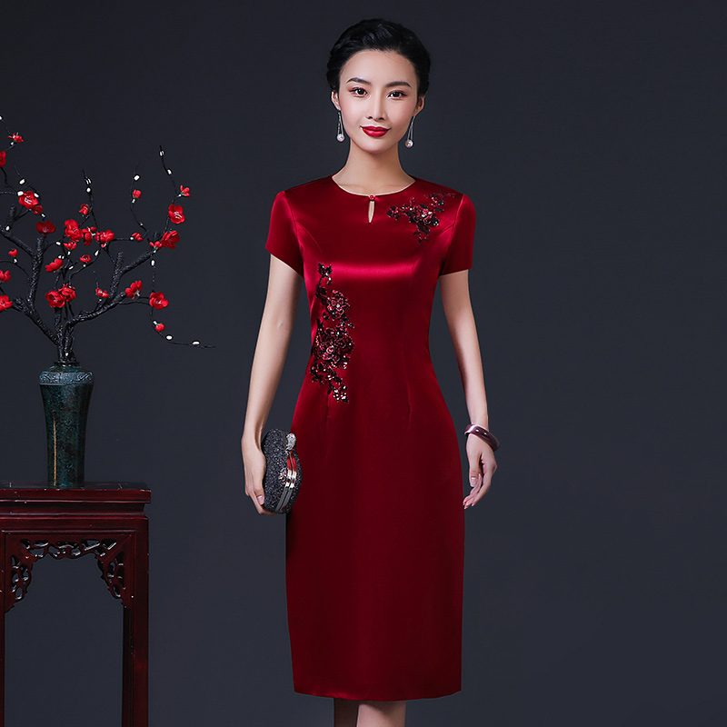 醋酸缎酒红色喜婆婆婚宴礼服