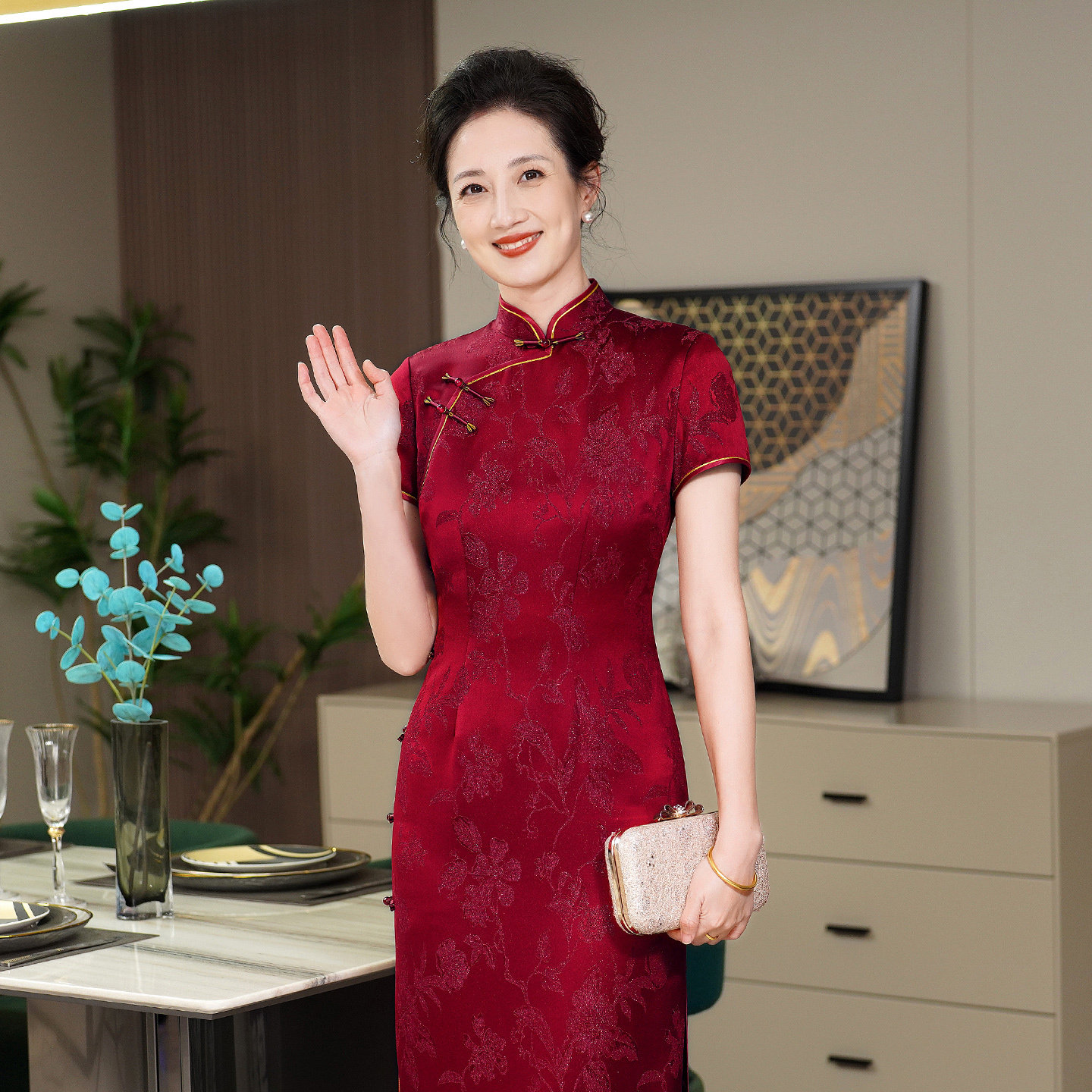 复古旗袍春夏新款喜婆婆婚宴妈妈礼服醋酸提花喜服敬酒服年轻款女