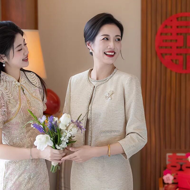喜妈妈婚宴装2026年春季新款时尚气质妈妈礼服香槟色两件套中长裙