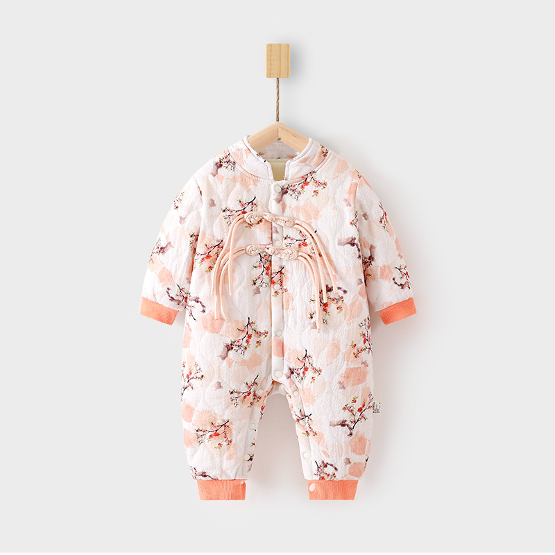 婴儿加棉连体衣宝宝120克夹棉秋冬无骨哈衣薄棉加厚偏襟爬服儿童