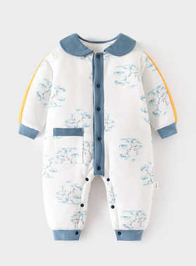 婴儿120克加棉加厚连体衣宝宝夹棉保暖秋冬装哈衣婴幼儿对开爬服