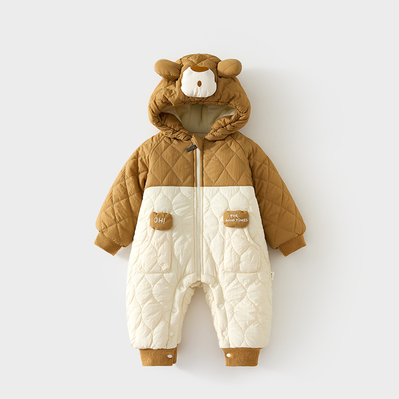 婴儿夹棉外出服带帽子宝宝连帽加棉外穿连体衣冬季加厚爬服儿童