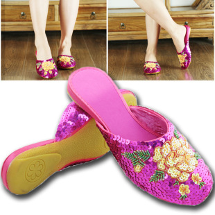 亮片平底汉服单鞋 厂家直销春夏新款 透气耐磨休闲女拖老北京布鞋