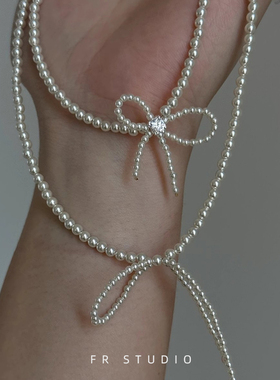 蝴蝶结choker项链银色进口施家珍珠甜美超仙气质百搭锁骨链颈链女