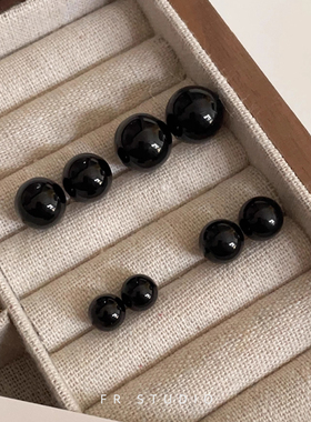 fever同款925纯银黑玛瑙圆球豆豆耳钉简约小众气质感耳饰