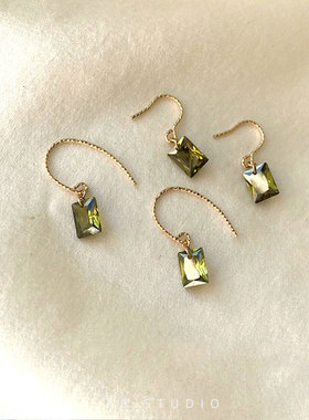 一抹高级绿 5A级橄榄绿锆石水晶耳夹女无耳洞14K包金气质优雅耳环