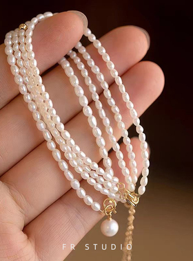 极细天然淡水小米粒小珍珠手链女超细小珠ins小众设计轻奢14k包金