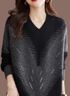 秋冬胖mm遮肚减龄中长款V领打底羊绒羊毛衫女宽松加肥加大码毛衣