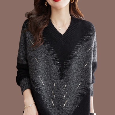 秋冬胖mm遮肚减龄中长款V领打底羊绒羊毛衫女宽松加肥加大码毛衣