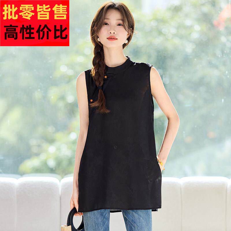 黑色无袖女上衣2025新款爆款真丝桑蚕丝设计感新中式国风女装t恤