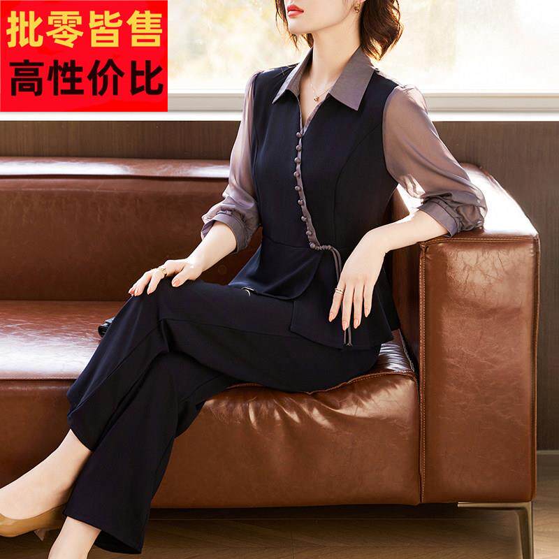 母亲节妈妈春装时尚雪纺套装中老年女装春夏季减龄长袖衬衫两件套