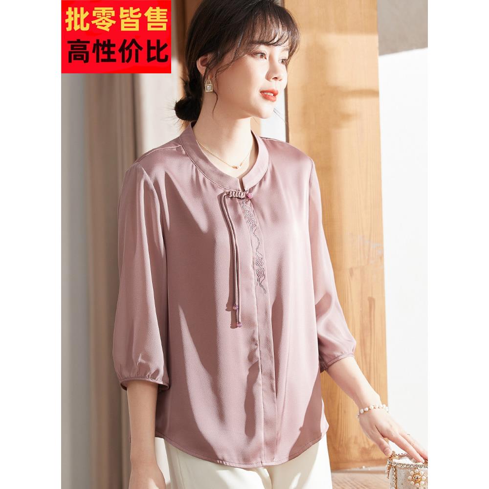 喜卉中年妈妈秋装洋气小衫中老年女装2025新款T恤夏季雪纺上衣服