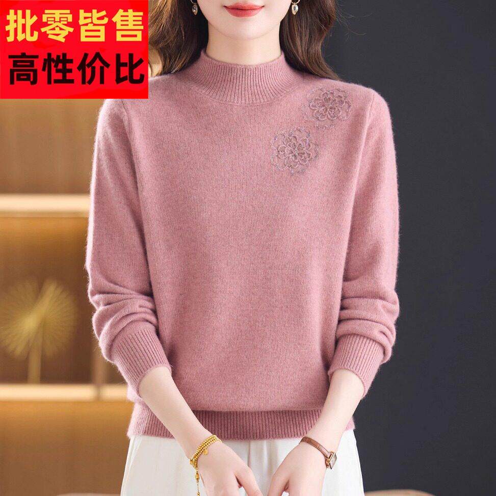 加厚毛衣100%纯羊绒衫女宽松时尚冬季保暖洋气妈妈半高领打底上衣