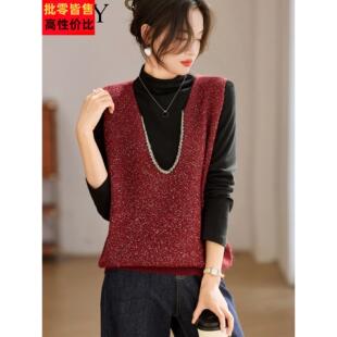 2025秋季新款小个子针织马甲短款上衣套头钉珠别致气质无袖背心女