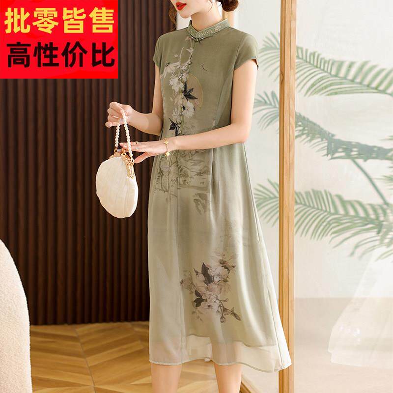 中年妈妈端庄大气夏装改良旗袍洋装中老年女夏季中国风雪纺裙子