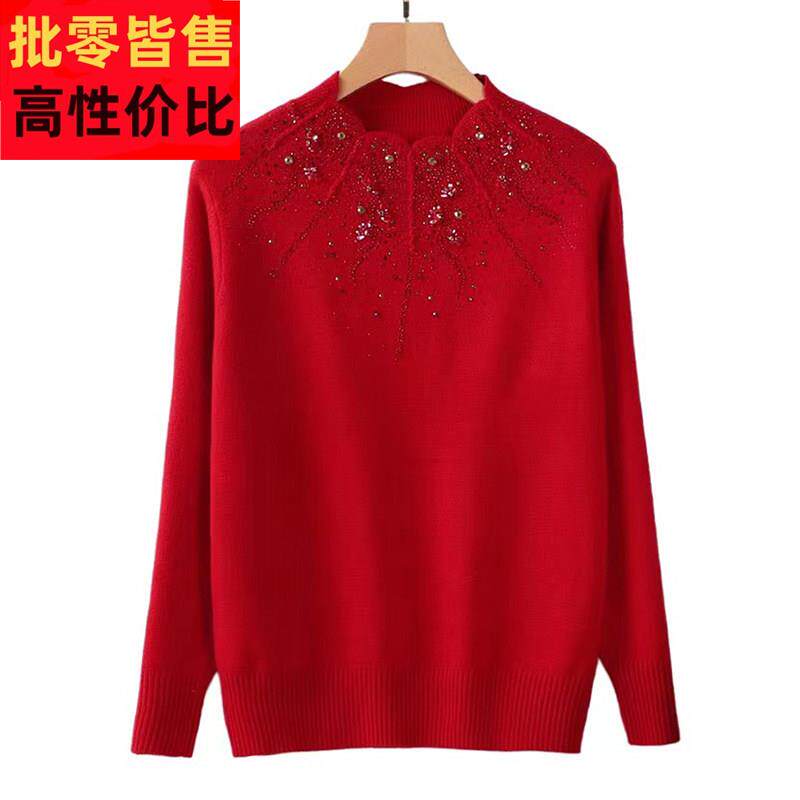 本命年妈妈装红色毛衣女秋冬装半高领打底衫中老年洋气大码羊毛衫