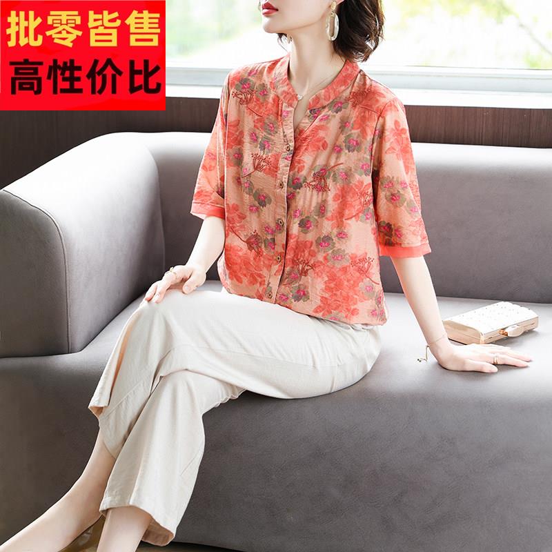 中年妈妈夏装棉麻套装母亲节短袖衬衫上衣中老年女装印花T恤小衫