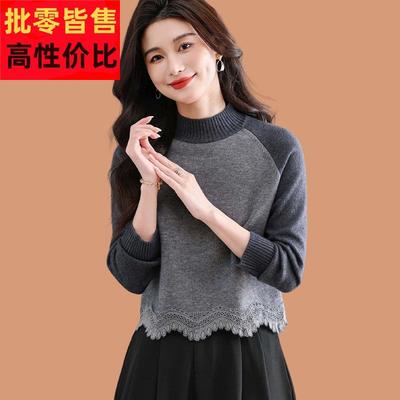 毛衣女款2025新款今年流行爆款蕾丝高级感撞色高腰短款羊毛打底衫