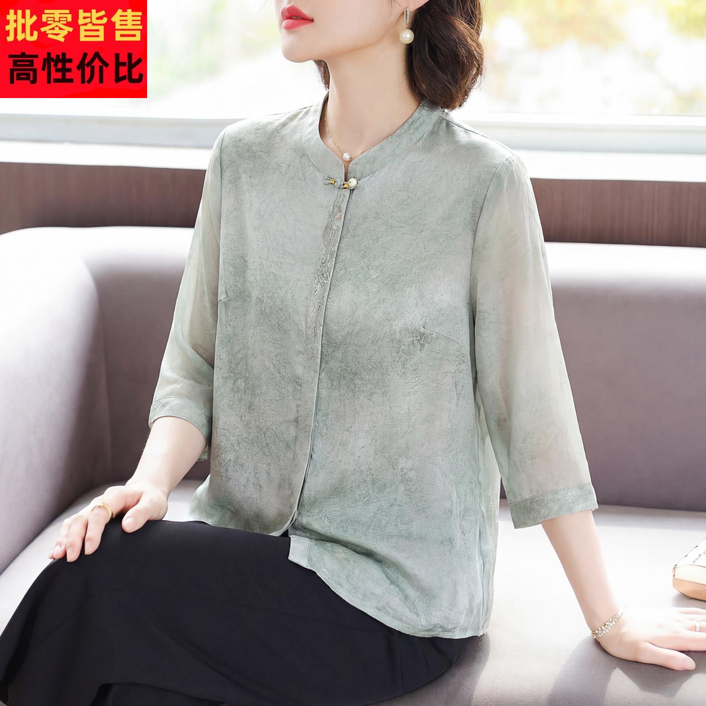 2026新款妈妈春装新中式七分袖T恤小衫中老年女春夏薄款雪纺衬衫
