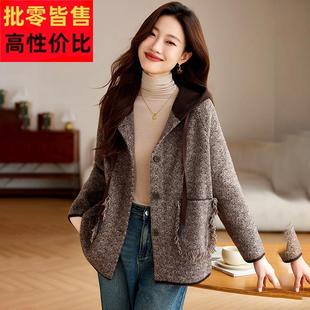 春秋款毛呢薄款外套女款2025年新款春装短款开衫呢子宽松卫衣上衣