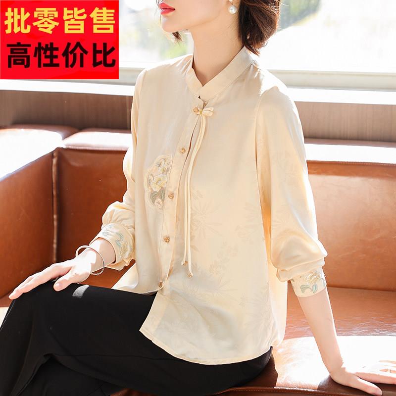 中年妈妈春装国风小衫贵夫人雪纺上衣服中老年女春夏长袖刺绣衬衫