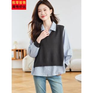 20秋25新款 女装 火减龄巨好看 拼接针织衫 假两件条纹SRCR2700衬超衫