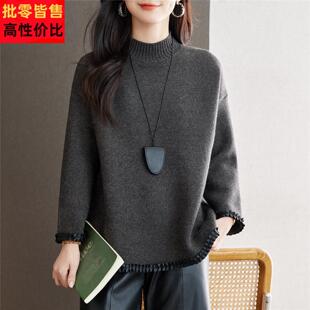 灰色半高领毛衣女款2025新款秋冬保暖宽松内搭中长针织衫打底上衣
