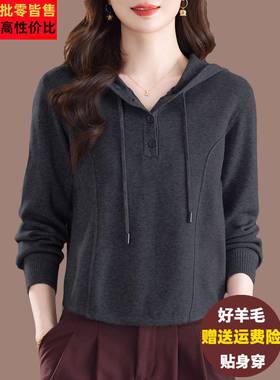 休闲连帽针织衫女秋季外穿羊毛打底衫大码显瘦百搭短款羊毛衫毛衣