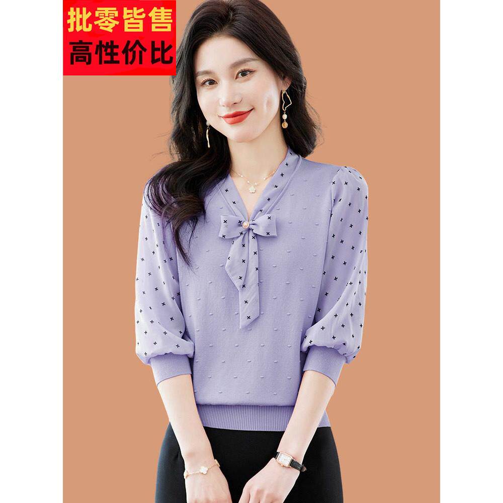 蝴蝶领冰丝短袖女士t恤2025新风格妈妈夏季连衣裙薄雪纺纱袖桑蚕