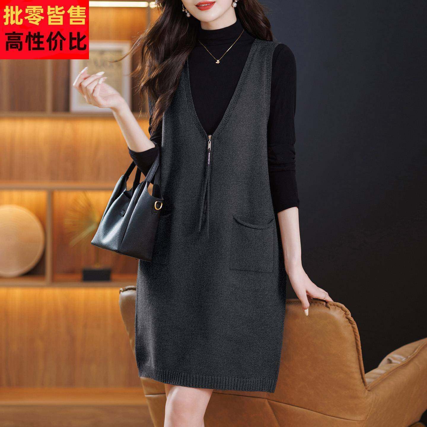 妈妈装拉链无袖马甲针织连衣裙背心女中长款口袋羊毛衫打底衫外穿