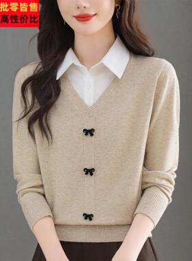 秋冬新款针羊毛衫女衬衫领假件上衣大码织打底洋羊气绒QOV毛两衣