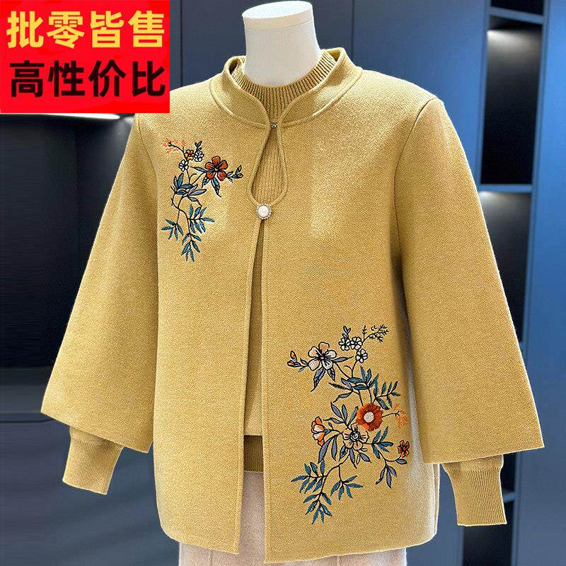 中老年刺绣一体绒针织两件套女冬装新款上衣奶奶大码妈妈装两件套