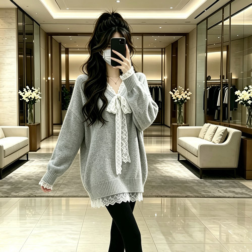 实拍孕妇装假两件蕾丝蝴蝶结拼接宽松毛衣女装秋季慵懒风针织衫