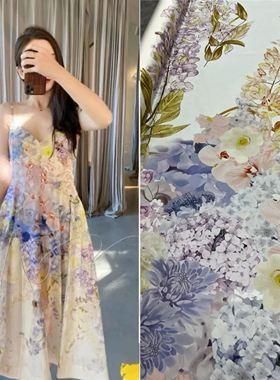 新品z家夏季紫色花卉定位花真丝弹力斜纹布料吊带裙半裙服装面料